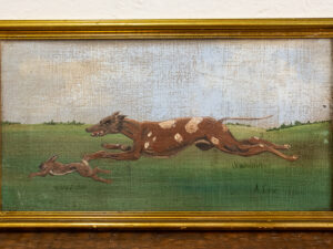 NAIVE OIL PAINTING OF DOG AND HARE
