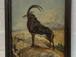 antique oil painting of an ibex